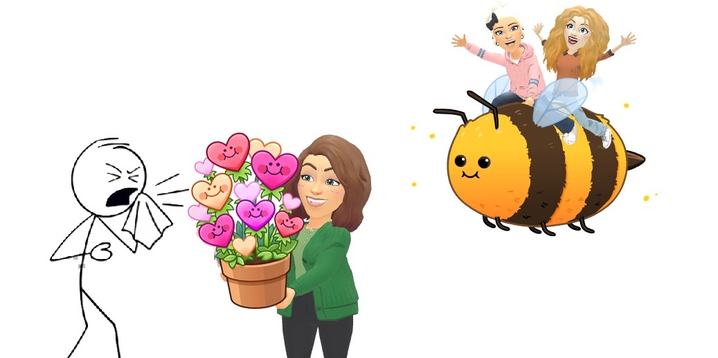 On the left, there’s a stick figure who looks like they’re sneezing hard—eyes shut, mouth open, and holding a tissue. That suggests allergies or reacting to something in the air.  In the center, a woman is smiling and holding a pot of flowers—but these aren’t normal flowers. The blooms are heart-shaped with cute faces, giving off a very “love” or “Valentine’s” feel.  On the right, things get more whimsical: two animated-looking girls are riding on the back of a big, friendly cartoon bee, like it’s a fun ride. They both have their arms up, as if they’re enjoying it like a rollercoaster.  Putting it all together, the scene feels like a mashup of springtime themes:  Flowers blooming (with a love twist) Bees buzzing around And unfortunately… seasonal allergies (the sneezing stick figure)  So the overall idea seems to be: spring is fun, colorful, and full of life—but also comes with sneezing and pollen for some people.