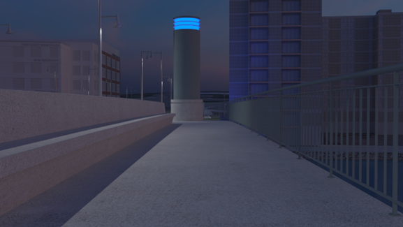 A detailed nighttime view of the seating area at the center span of the proposed Basiliere Bridge.