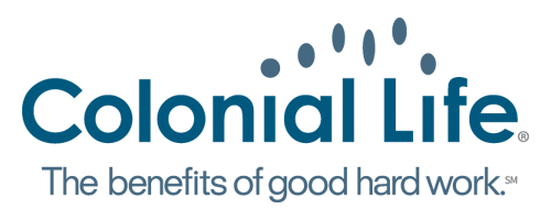 The image is the Colonial Life logo in blue colored font. It has the tagline " The benefits of good hard work" located on the bottom of the logo.
