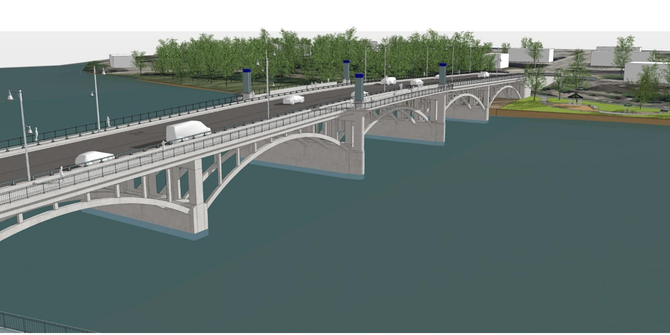 A view of the proposed bridge looking from the UMass Innovation Hub towards the Crescent Yacht Club. Visible are the bridge's beacons and center spans.