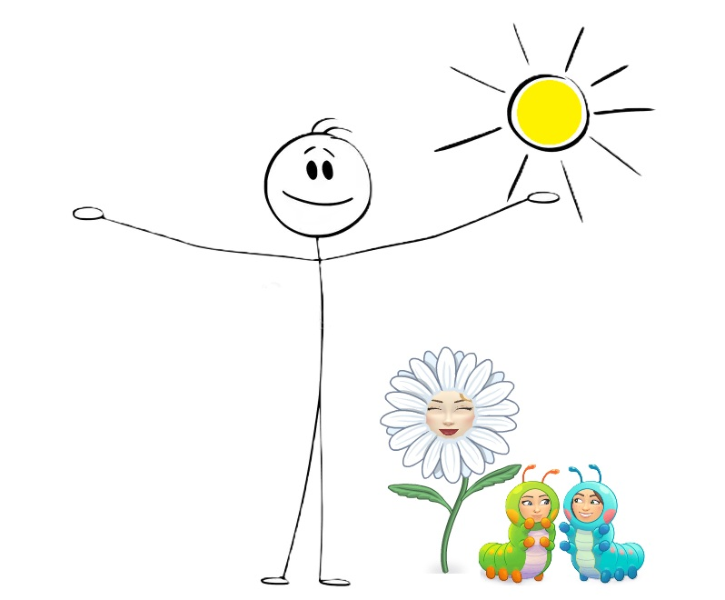 At the center is a stick figure person with a big smile, standing upright with both arms stretched wide—like they’re welcoming something or celebrating. To the upper right, there’s a bright yellow sun with rays coming off it, suggesting a warm, sunny day.  Near the bottom right, there’s a white flower with a human face in the center, eyes closed and smiling, giving it a peaceful, happy expression. Next to the flower are two colorful caterpillars—one green and one blue—both with friendly faces, as if they’re characters.  Overall, the image gives off a strong “springtime” or “happiness in nature” vibe—sunshine, blooming flowers, and little creatures, with the stick figure enjoying it all.